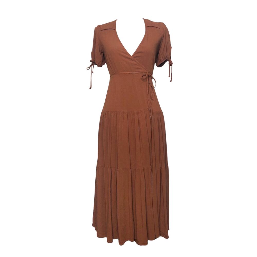 Christy Dawn Augusta Dress Wrap Midi Tiered Tie Short Sleeve Neutral Rust XS